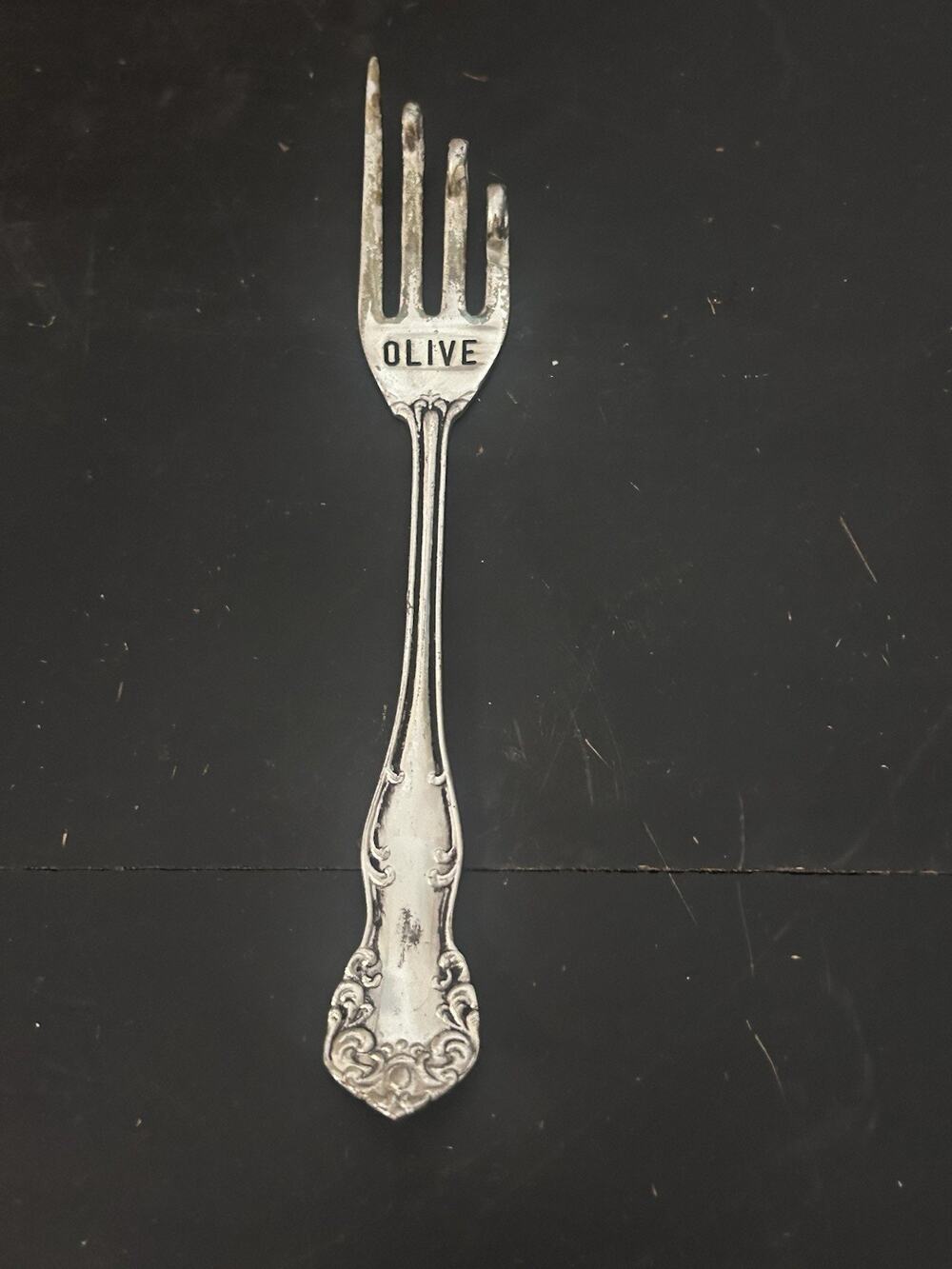 Vtg OLIVE Fork 6” Ornate Floral Scroll Handle Serving Utensil